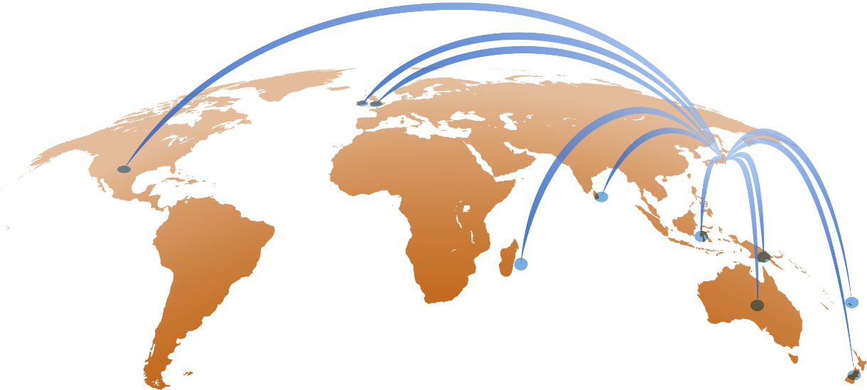 Map showing Japan, New Zealand, and Australia